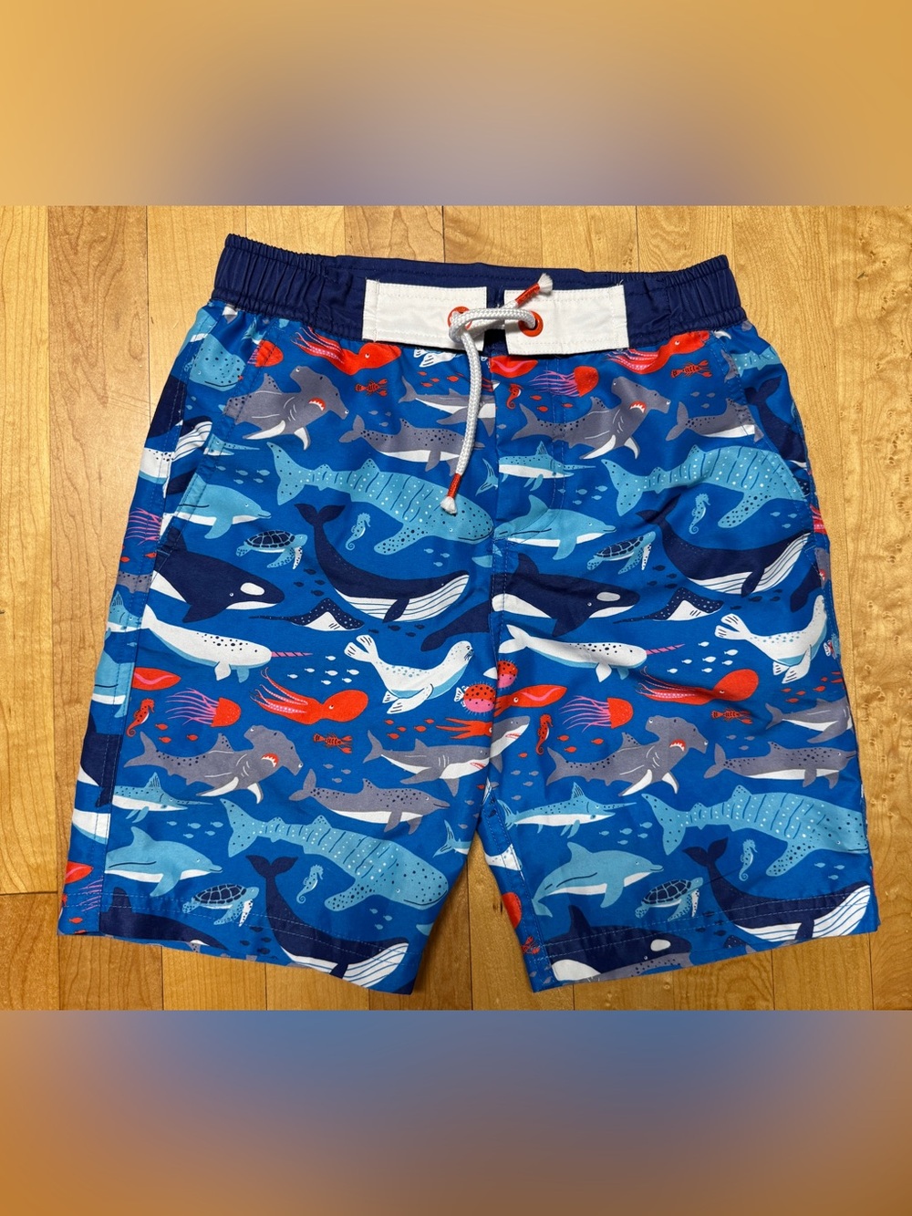 Mini Boden Swim Shorts / Trunks blue whale shark turtle jellyfish boys size 8-9